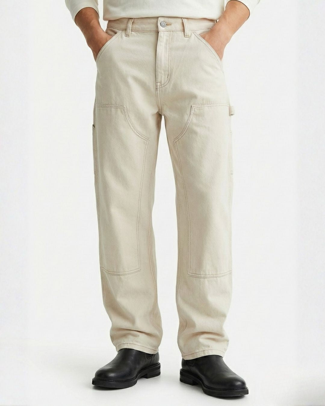パンツ Blanco CARPENTER PANTS WHITE White Carpenter Jeans for Men – Relaxed Fit with Utility Pockets
