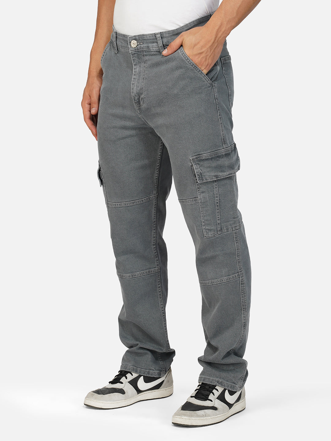 Close-up of side cargo pockets on grey denim jeans