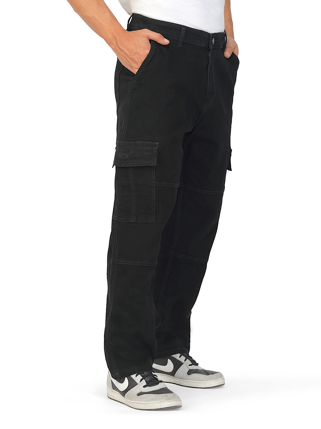 ide angle of black cargo jeans highlighting relaxed silhouette