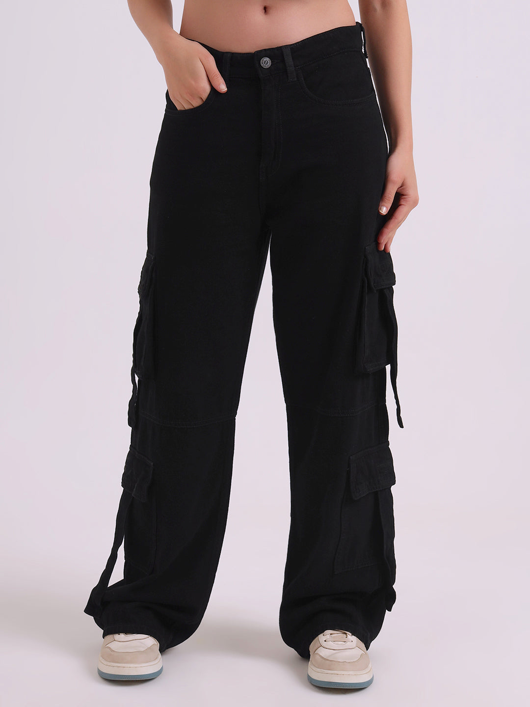 Black Multi Pocket Cargo Black Jeans