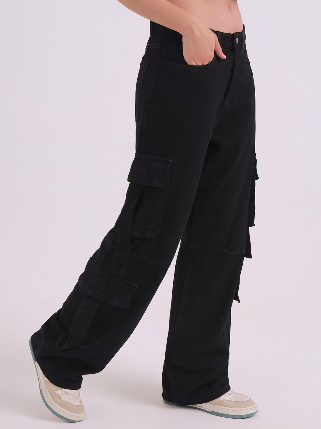 Black Multi Pocket Cargo Black Jeans