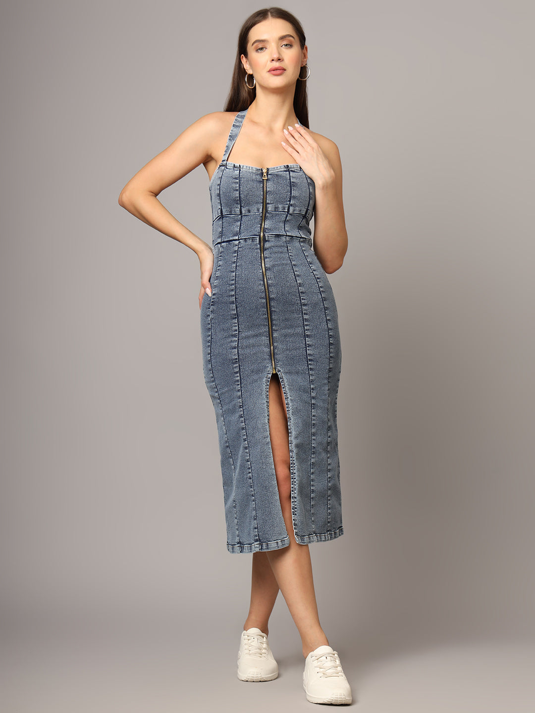 Halter Neck Zipper Denim Dress – Blanck Denim