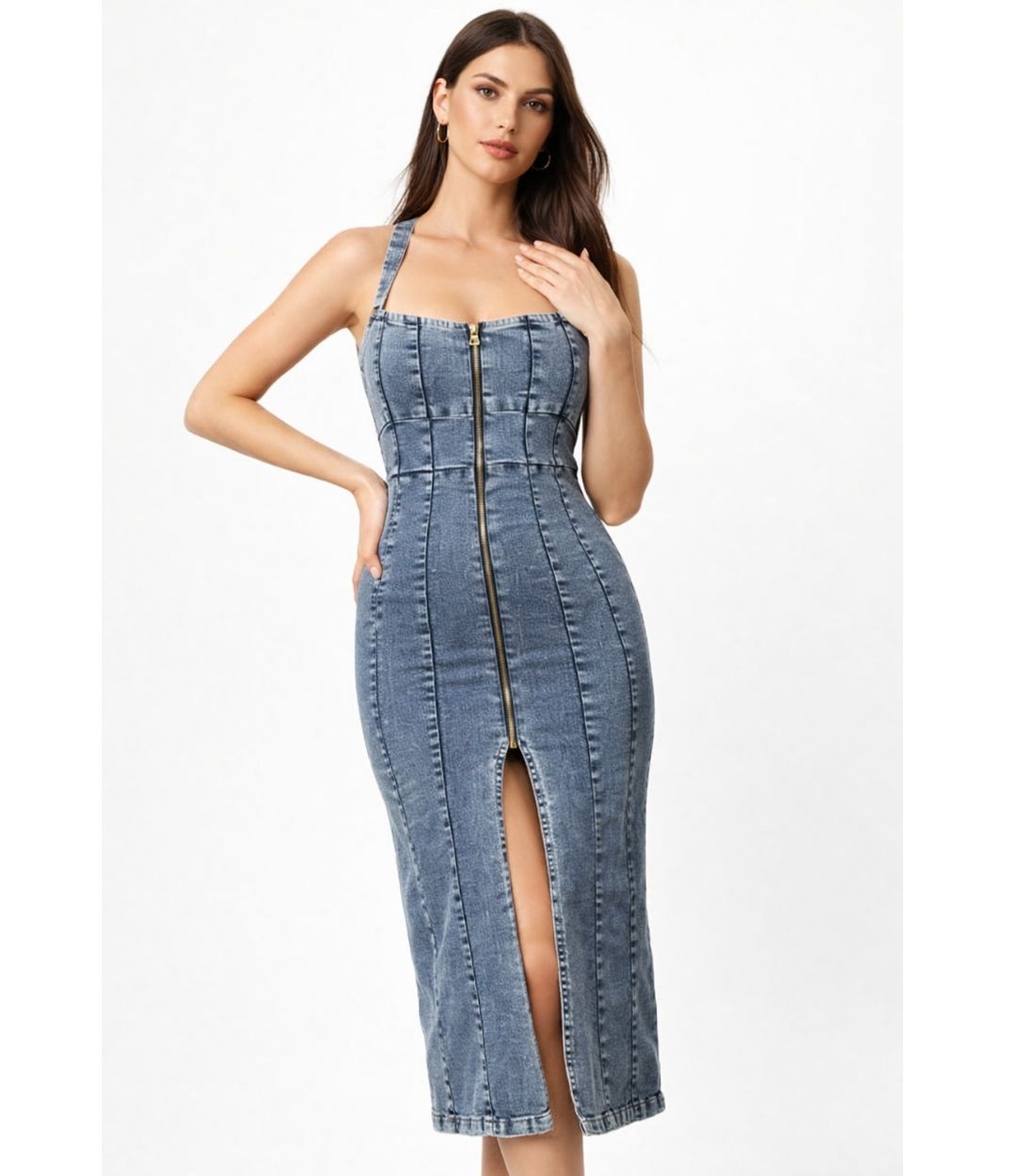 Halter Neck Zipper Denim Dress