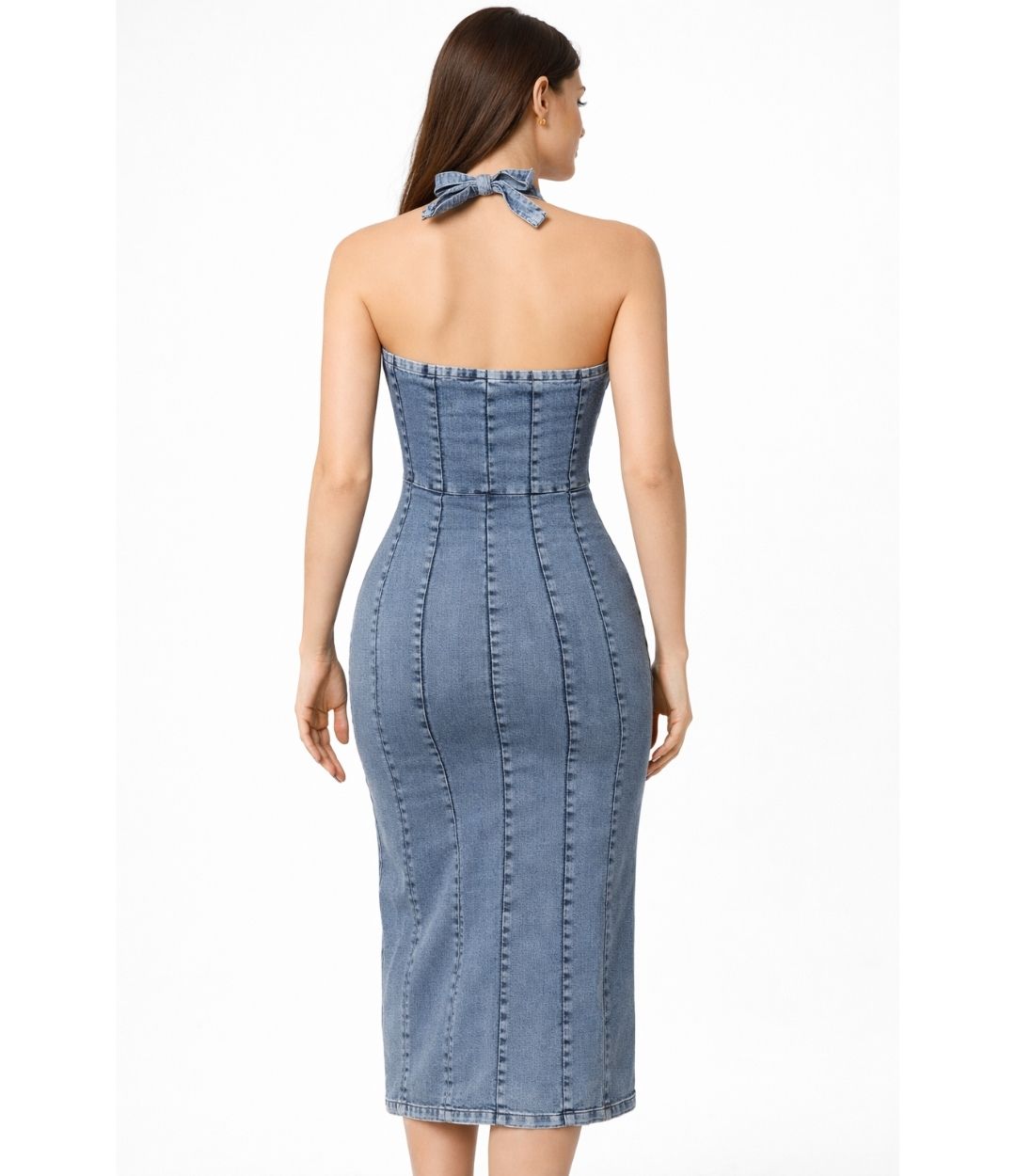 Halter Neck Zipper Denim Dress
