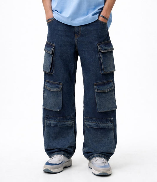 Cargo Multi Pocket Jeans in Blue