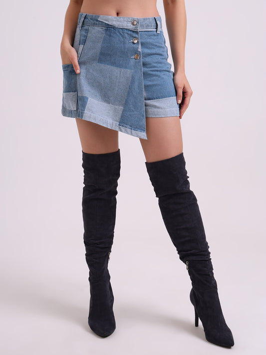 Patchwork Denim Skort