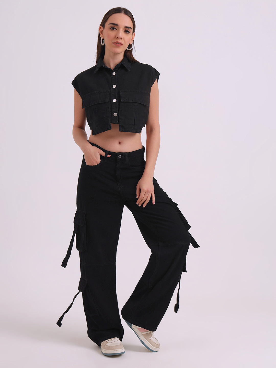 Black Multi Pocket Cargo Black Jeans
