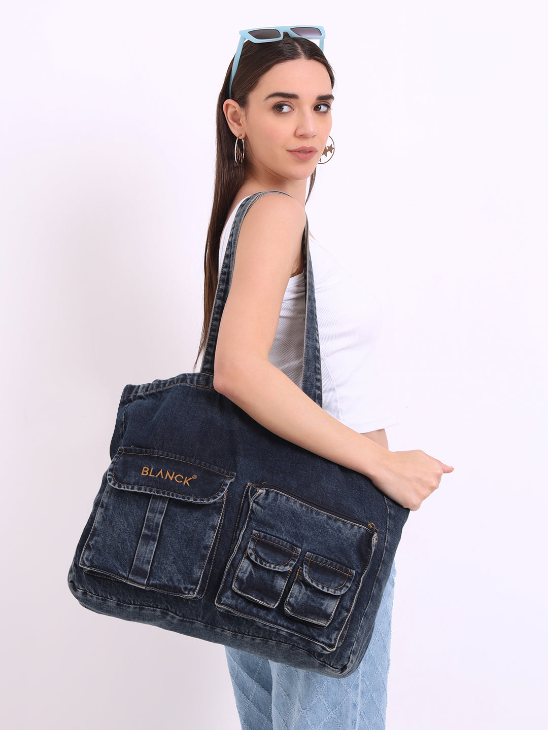 Washed Denim Cargo Tote Bag