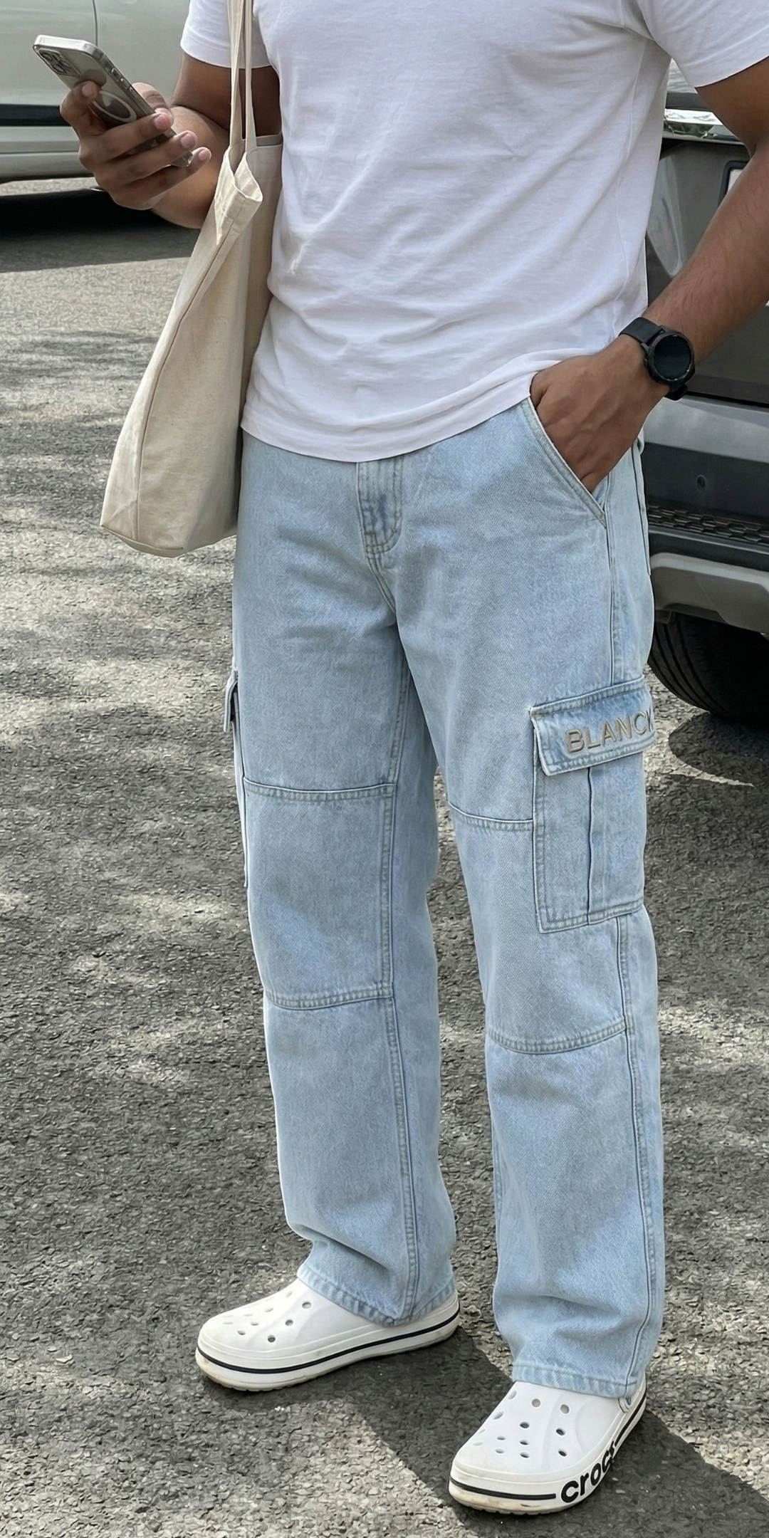 light wash denim cargo